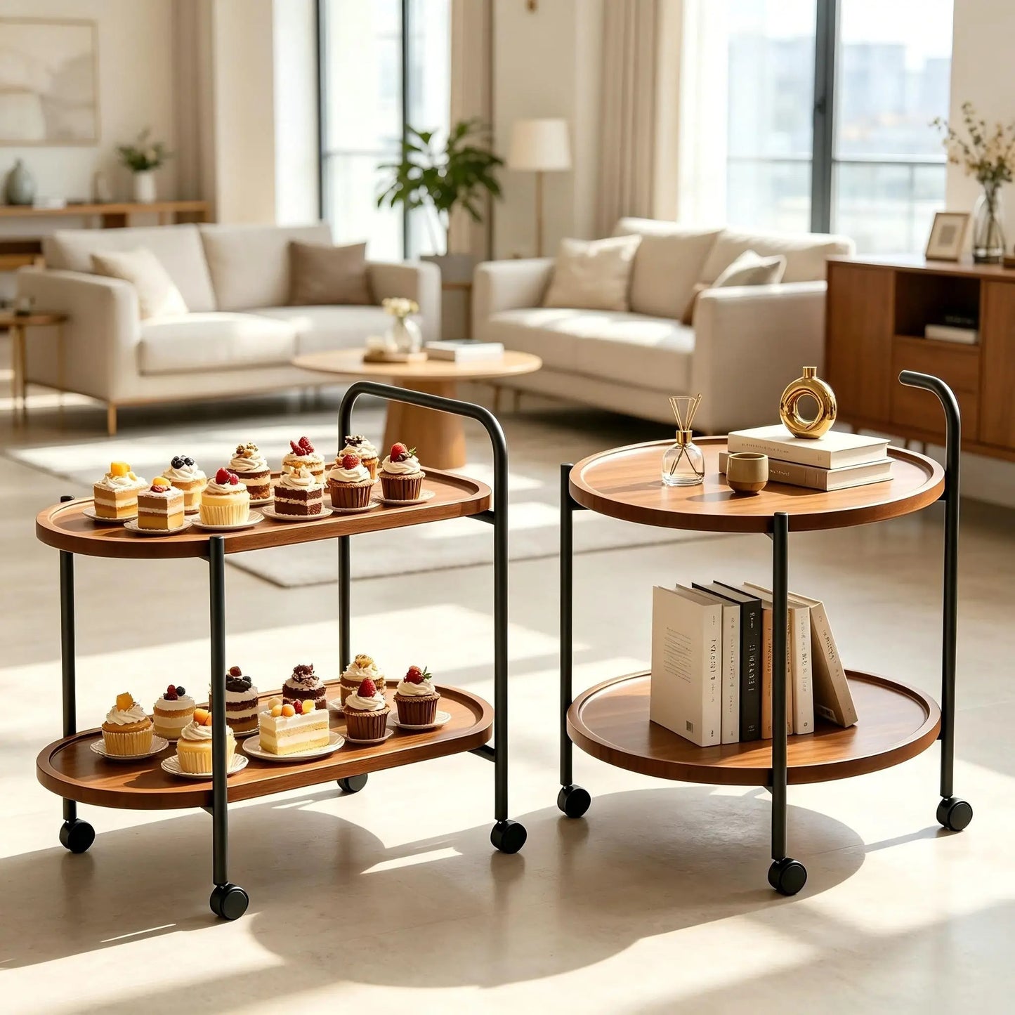 Modern 2-Tier Mobile Bar Cart & Side Table – Rolling Beverage & Serving Trolley