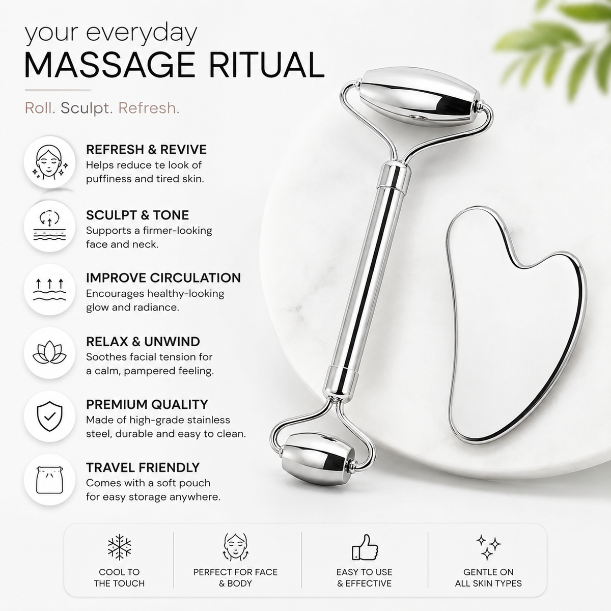 Stainless Steel Facial Roller & Gua Sha Set