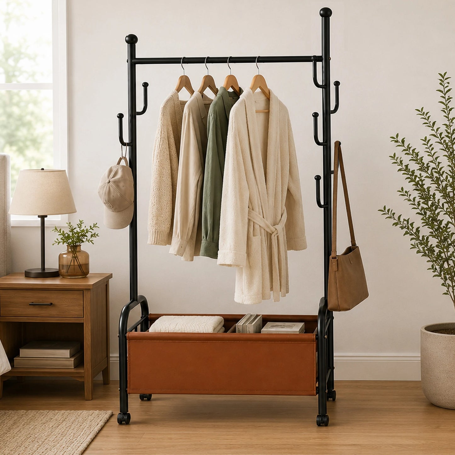 Mobile Clothes Rack with Shelves – Black