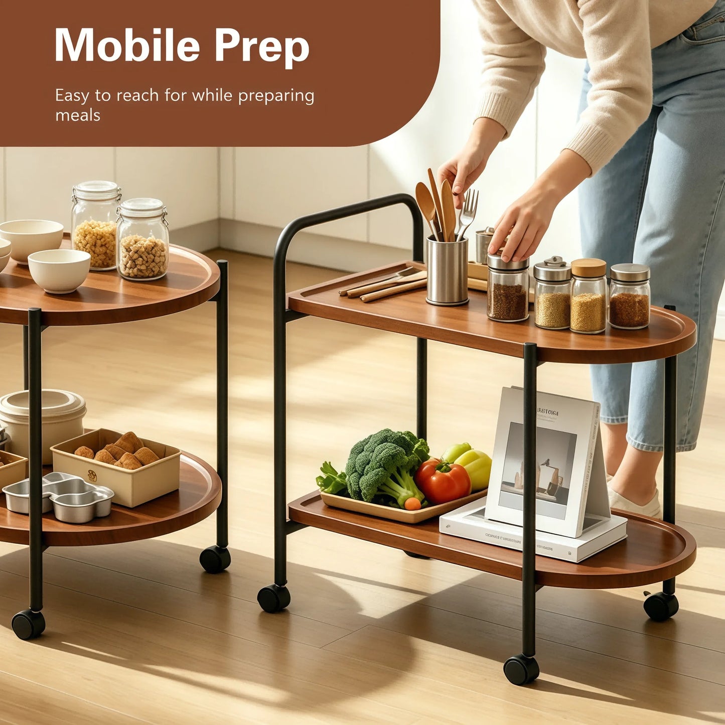 Modern 2-Tier Mobile Bar Cart & Side Table – Rolling Beverage & Serving Trolley