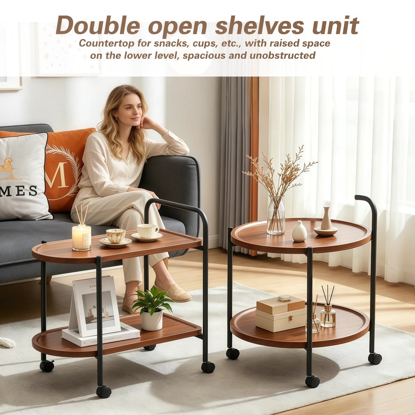Modern 2-Tier Mobile Bar Cart & Side Table – Rolling Beverage & Serving Trolley